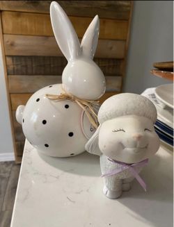 Cute Ceramic Bunny and Lamb Spring Decor - Lot of 2   Adorable ceramic bunny and lamb figures. Bunny is white with black polka dots and a straw bow. L