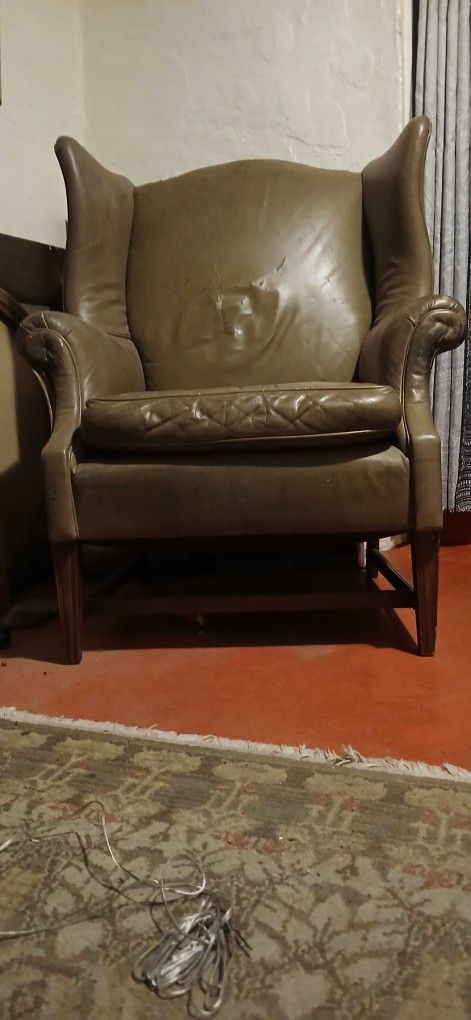 Mid Century Leather Wingback Chair and Ottoman