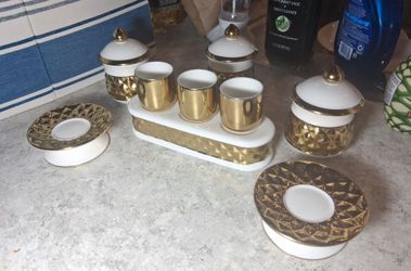 Extremely Rare Porcelean White w/Gold Trim 9-Piece Antique Spice Canister Set