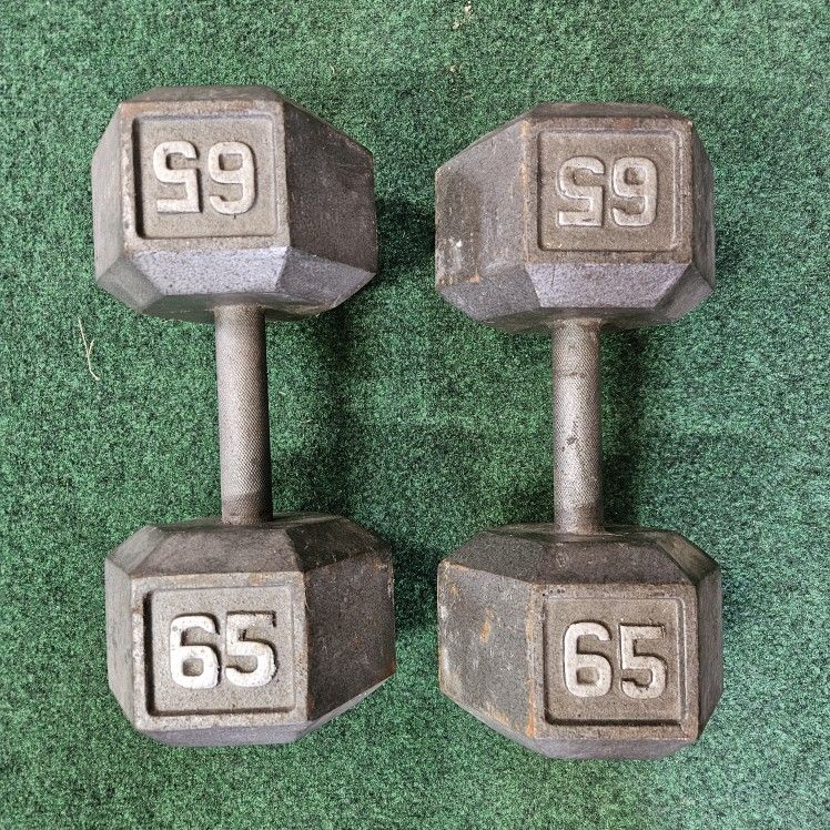 Pair of 65 lb Hex Dumbbells – Solid Cast Iron