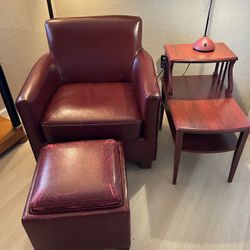 Red Leather Chair & Matching Storage Ottoman & Telephone Table (lamp NOT included)