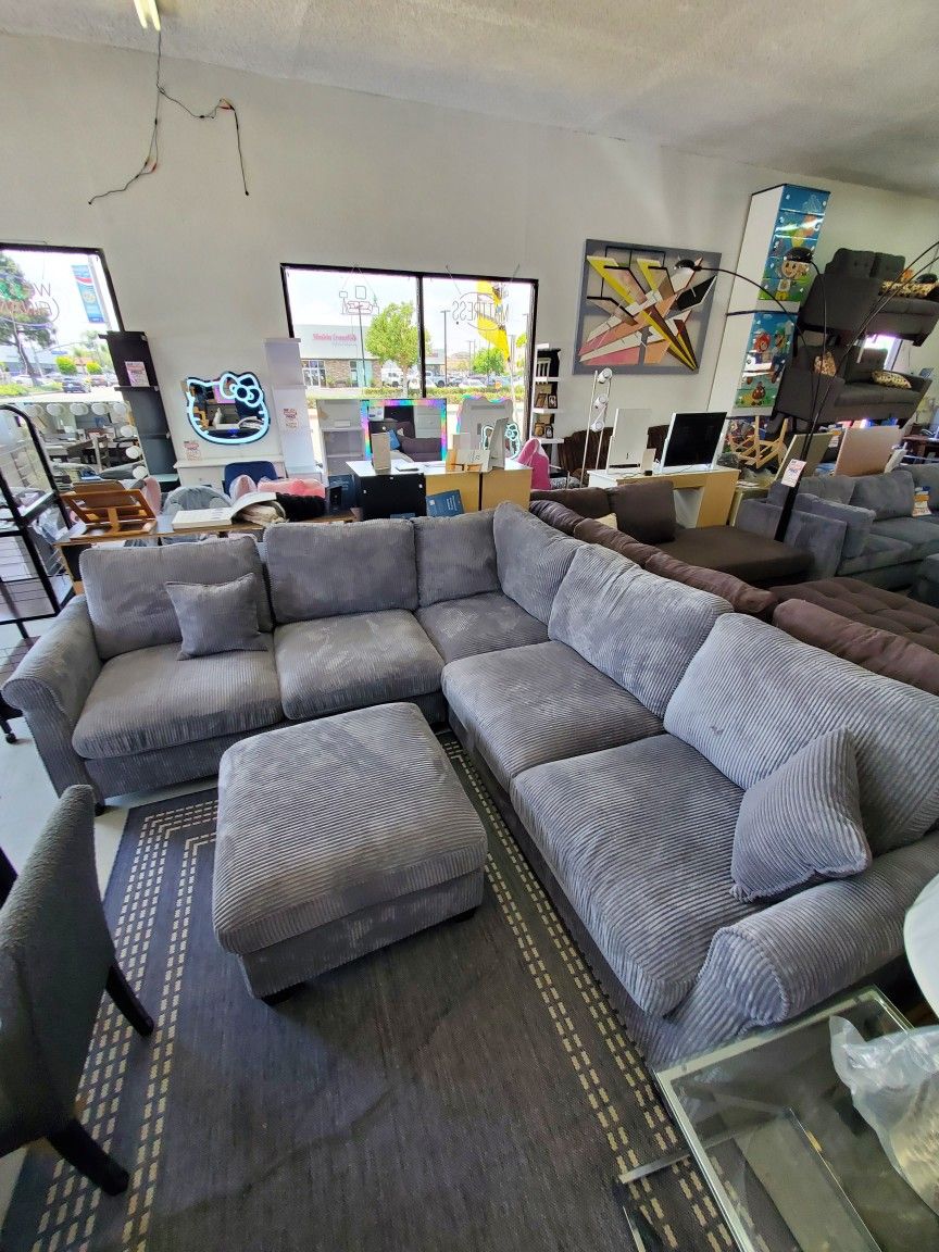 New Beautiful Comfortable Gray Corduroy Sectional Couch 🛋 Sofa Set Special With Ottoman Come Visit Our Store In Paramount 
