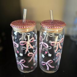 Drinking Glass With  Rhinestone Bamboo Lids 