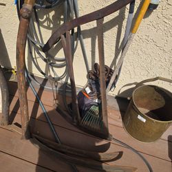 Vintage Farm Tools – Crosscut Saw & Hand Cultivators (Rustic Decor)