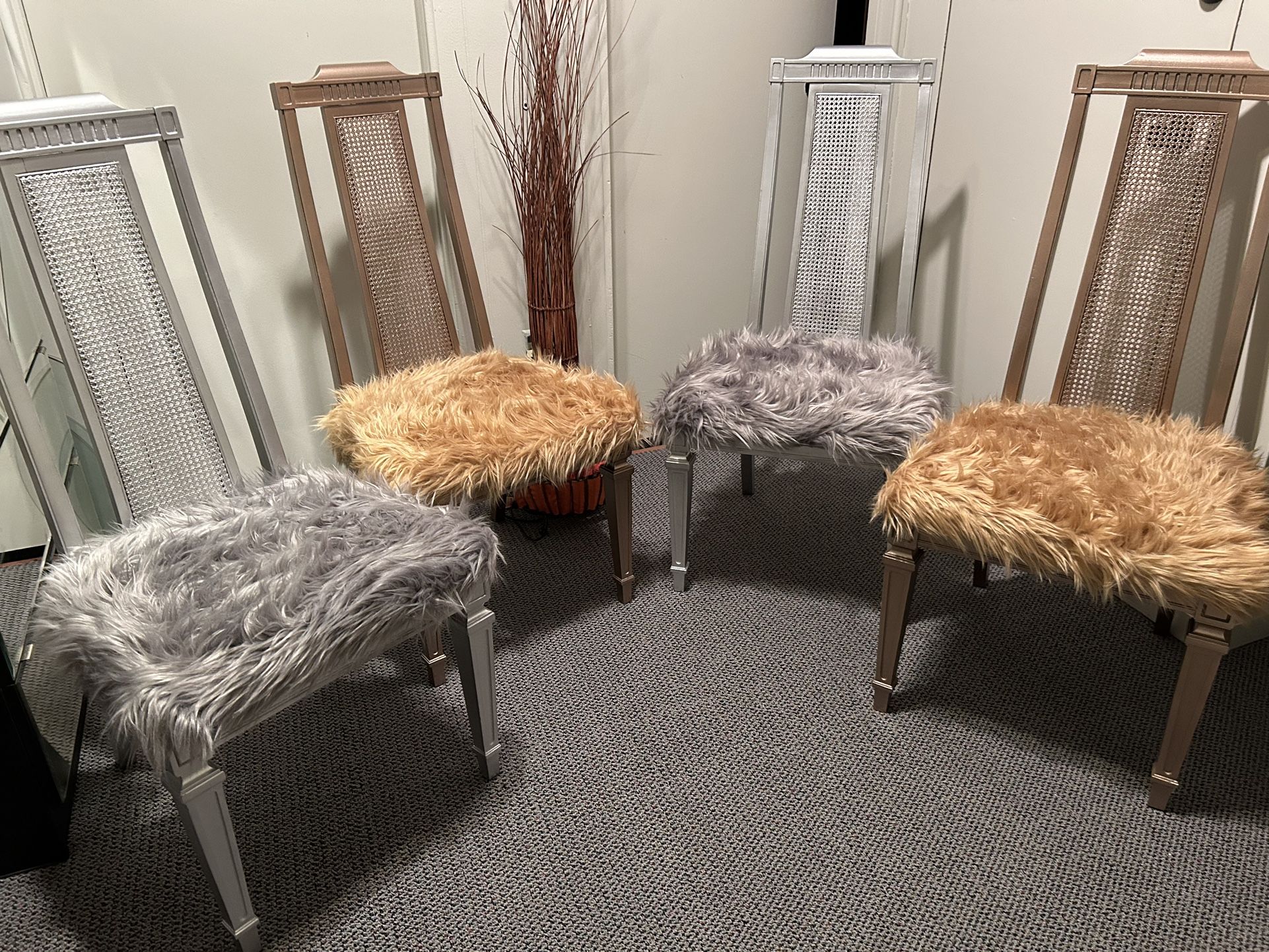 Four Unique Gold And Silver Wood Cane Chairs 