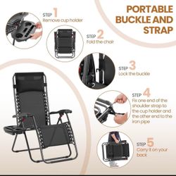Zero Gravity Recliners Outdoor Adjustable Folding Reclining Lounge Chairs w/Pillows, Cup Holder Trays and Carry Strap for Patio Backyard Beach Black
