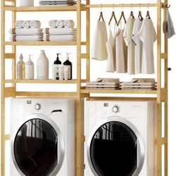 Over The Washer and Dryer Storage Shelf Bamboo,5 Tiers Laundry Room Drying Rack with Adjustable Shelves and 4 Hooks,Space Saver Organizer for Hanging 