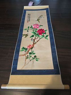 Beautifully hand-embroidered silk scroll featuring "Peonies and Birds" (Hwajodo).