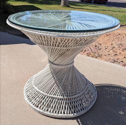 Vintage White Rattan Round Patio End Table w/ Glass Top