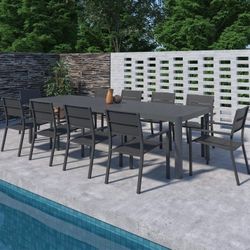 Brand New 11 Pieces Extandable Rectangular Grey Stackable Dining Set Made Of Die-cast Aluminum For Outdoor & Patio Furniture
