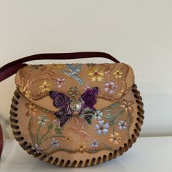 Vintage hand-tooled & hand-painted leather crossbody / shoulder bag