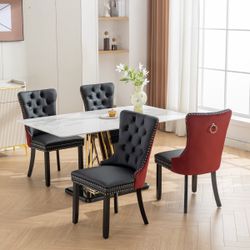 Set of 4, High-end Tufted Solid Wood Contemporary PU and Velvet Upholstered Dining Chair with Wood Legs Nailhead Trim