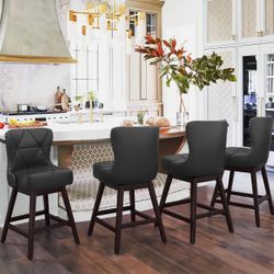 26" H Black Swivel Bar Stool with Back, Faux Leather Counter Stool