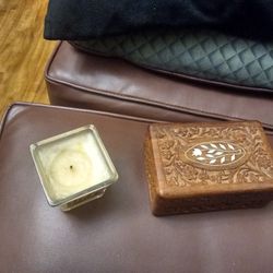 Vintage Hand Carved Wood Box + Candle + Free Gifts