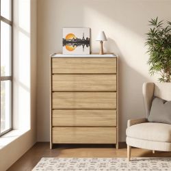 Modern Wood Storage Chest with with Faux Marble Top,Oak ,IF2679