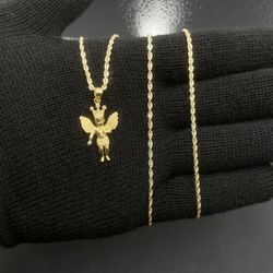 10K Gold Angel Pendant With 10K Gold Rope Chain
