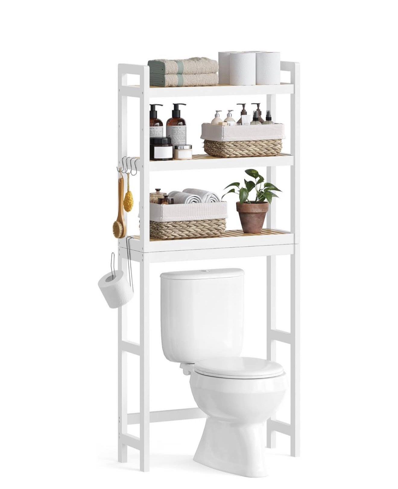 Over The Toilet Storage, 3-Tier Over Toilet Bathroom Organizer with Adjustable Shelf, 10.2 x 24.8 x 66.9 Inches, Space-Saving, Cloud White