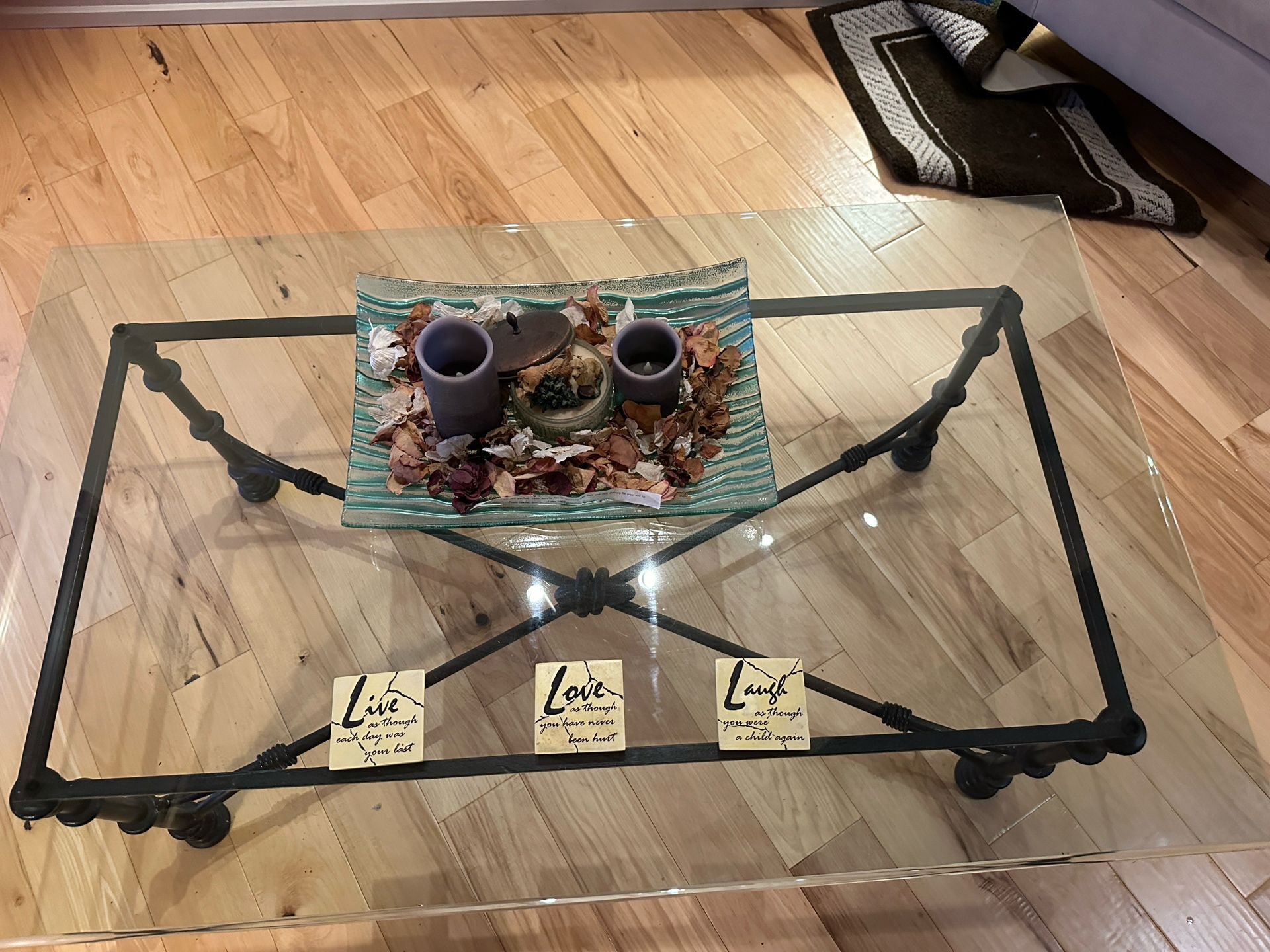 Elegant Glass & Wrought Iron Coffee Table and Matching Side Table