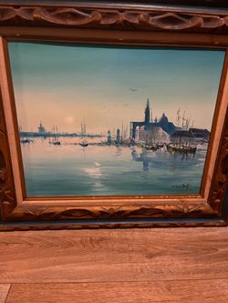 Original Framed European Harbor Painting