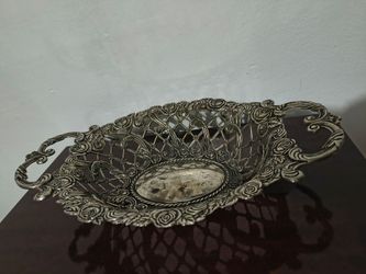 SILVER PLATED - PEWTER ROSE FELIGREE LACE BOWL 13"L×8" W×3"H
