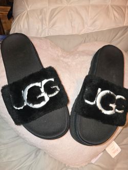 NEW UGG Womens Laton Fur Genuine Shearling Platform Slide Sandal US 10 Black