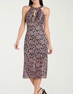 Lace Floral Midi Dress Black Pink