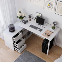 New L Shaped Computer Desk, 47 Inch Home Office Desk with File Drawers & Storage Shelves, Small Corner Computer Desk for Small Space   New in box FF10