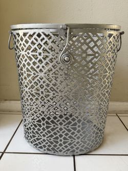 Large Decorative Silver Metal Mesh Vintage Wastebasket with Handle — Moroccan Lattice Style - 16 x 11 x 21” height