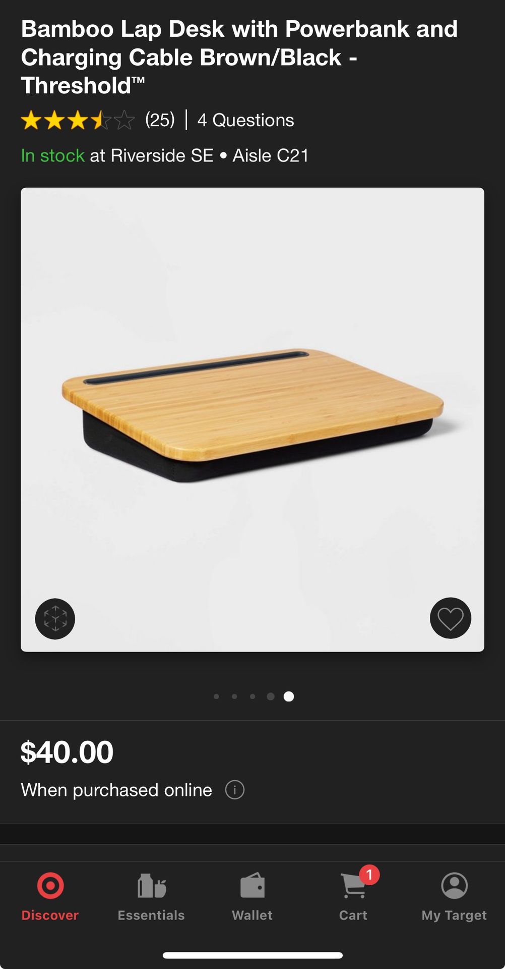 Bamboo Lap Desk with Powerbank and Charging Cable Brown/Black 