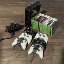 Xbox 360 Console, 4 Controllers, and 16 Games