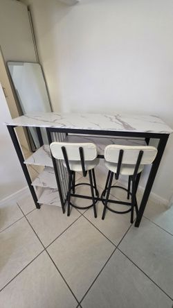 Bar Height Dining Table Set with 2 Stools - White Marble Look - Like New
