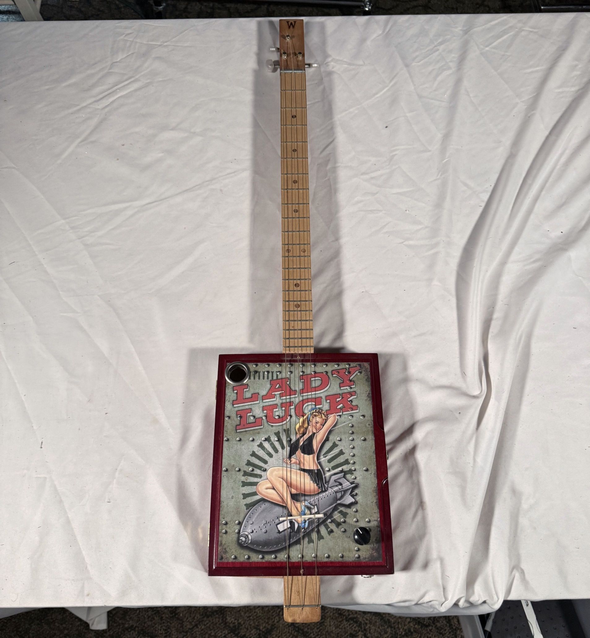 Cigar Box Guitar – “Lady Luck” Pin-Up Art – 3-String Handmade Instrument
