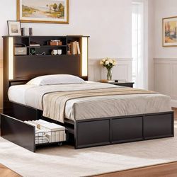 Twin Size Bed Frame with Bookcase Storage Headboard and 4 Drawers, Wooden Platform Bed Frame Twin Size with Charging Station and LED Flat Panel Light,