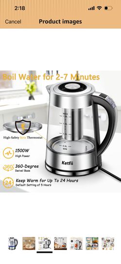 NEW Electric Kettle with British Strix Thermostat, 1.8L 1500W, 24-Hour Keep Warm, Removable Lid, Glass Tea Kettle & Hot Water Boiler, BPA-FREE, Auto S