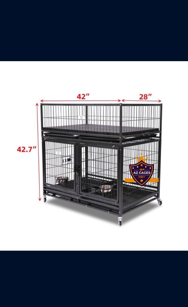 🦮🐕🦺 New Double Tier 42” Dog Kennel w/ Metal Floor, Bowls, Tray & Casters, Slide-In Divider, Whelping box 🐶 please see dimensions in second pictur
