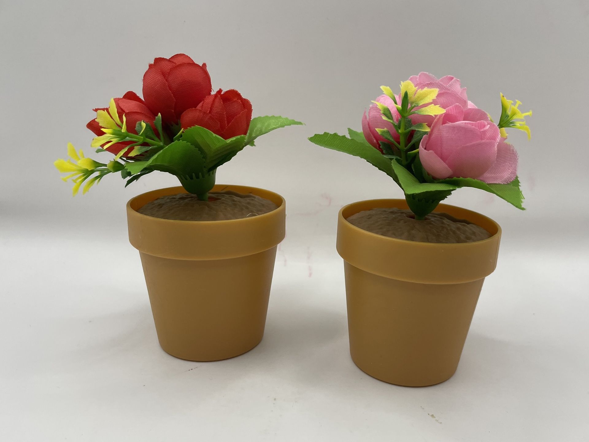 Pair Of Solar Dancing Faux Potted Plants- Red/pink Flowers- 4.5 Inches Tall