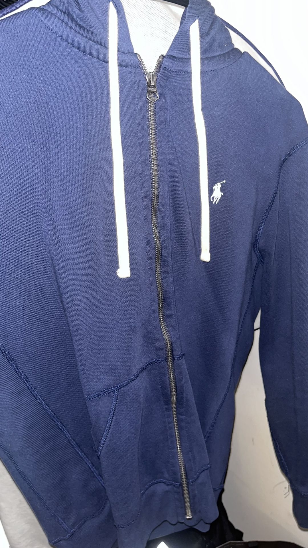 Polo Ralph Lauren Classic Full Zip Fleece Hoodie Navy Blue Waffle Lined Hood LG