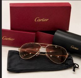 Authentic Cartier Aviator Sunglasses Gold Metal Frame Brown Tinted Glass Lenses