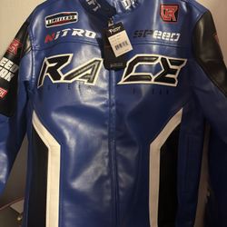 Copper Rivet Men's Blue  Moto Racing PU Leather Jacket Size Small NWT