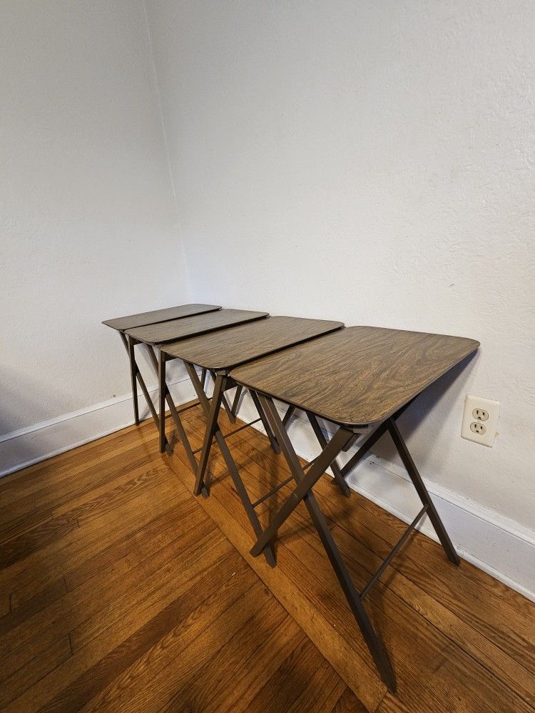 MCM 5 Piece Folding TV Snack Tray Table Set With Stand In A Walnut Finish