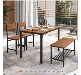 Giantex Dining Table Set for 4, 43" Kitchen Table and Chairs, Dining Bench with Metal Frame & Storage Rack, 4-Piece Modern Functional Desk Set for Din