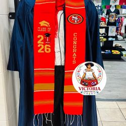 Graduation stole inspired by 49ers and Raiders fans