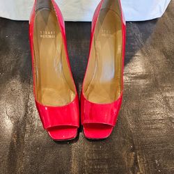 Stuart Weitzman Heels Size 7.5 Red Patent Leather Peep Toe Pumps