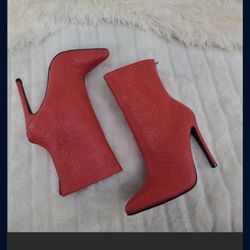 Red Croc Print Ankle Booties High Heel