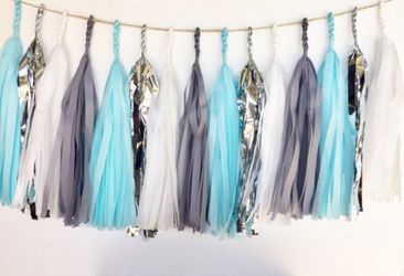 Tassel Garland- Grey/LightBlue/White/SilverMylar