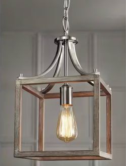 Hampton Bay Boswell Quarter 1-Light Brushed Nickel Mini-Pendant with Weathered Wood Accents