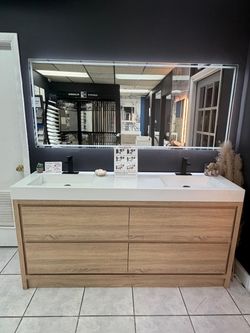 72" Double Sink Freestanding Natural Wood Color Bathroom Vanity