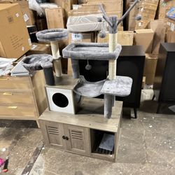 HOOBRO Large Hidden Litter Box, Cat Tree with 30.7'' Long Litter Box Enclosure, Modern Cat Tower, Cat Condos with Scratching Posts, Rubbing Post, Hamm