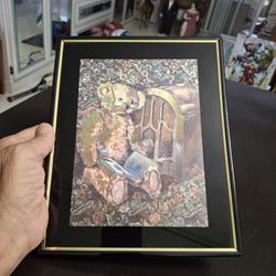 Metallic Print " Teddy With Radio " In Black Frame Matted Wall Art (Easel Not Incl) 8" X 10"
