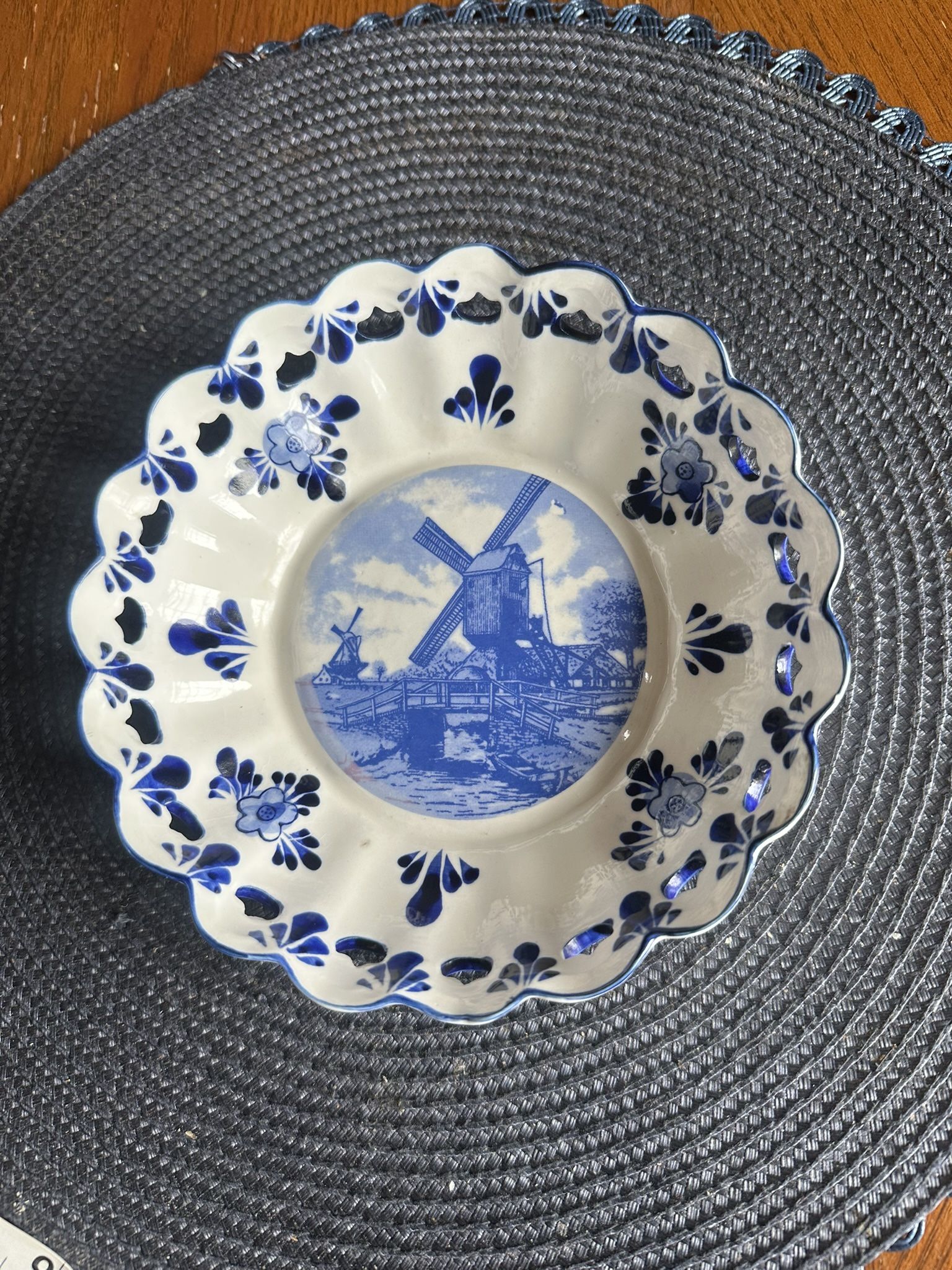 Vintage Blue Delft Holland Blue & White Windmill Bowl Collectible. Lace design.